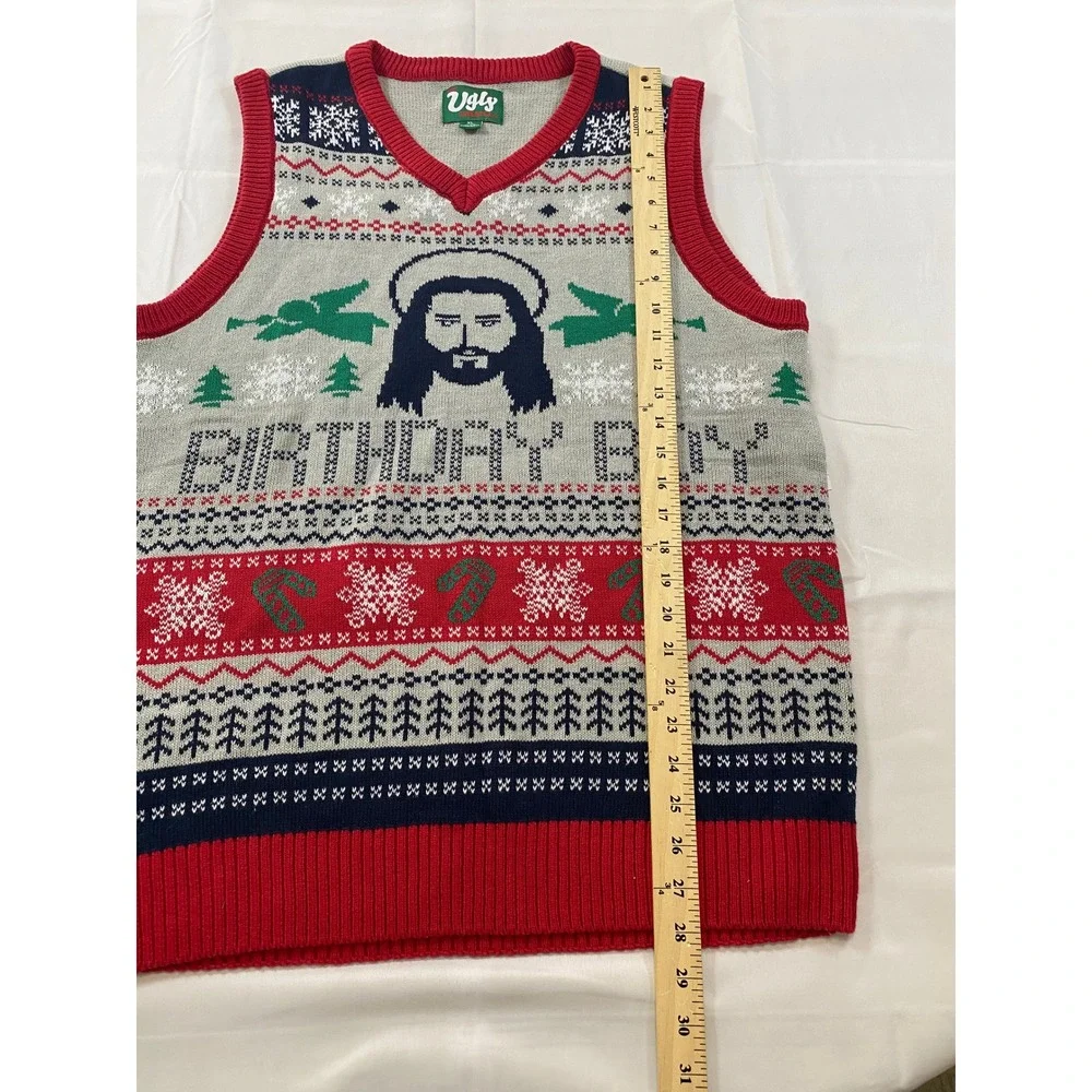 The Ugly Sweater Co Jesus Birthday Boy Christmas Sweater Vest Mens XL Grey Red